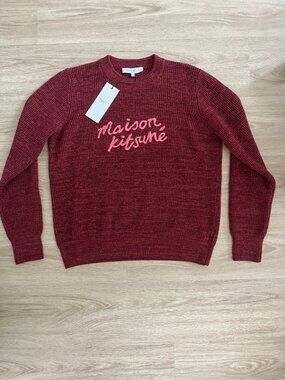 MAISON KITSUNE Women's Medium Red Crewneck Sweater with Script Detail 100% Wool